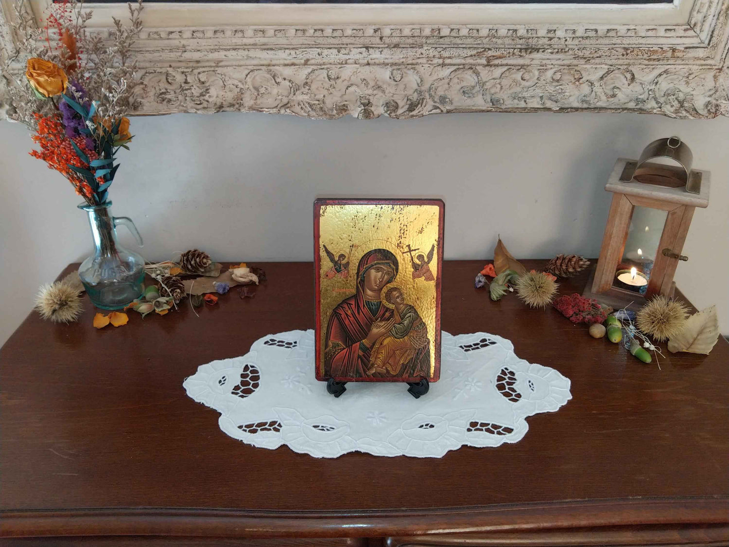 Icône byzantine dorée Sainte Vierge Marie et l'Enfant Jésus, faite à la main en feuille d'or