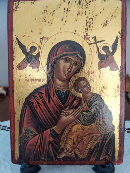 Icône byzantine dorée Sainte Vierge Marie et l'Enfant Jésus, faite à la main en feuille d'or