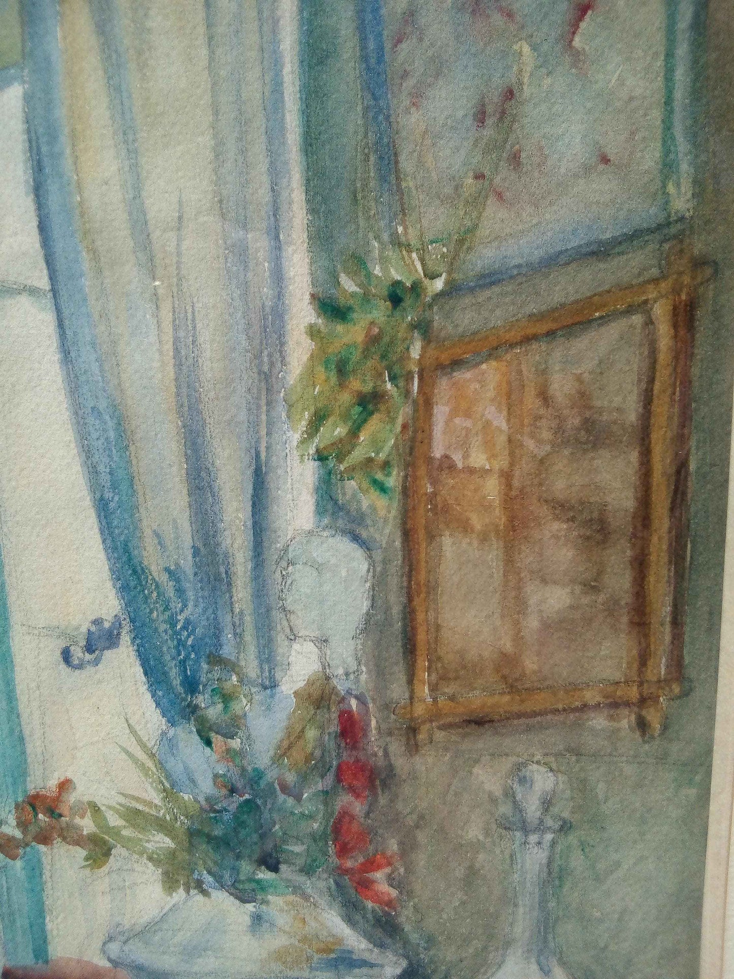 Aquarelle signée seconde moitié 20ème siècle, intérieur intime sur papier