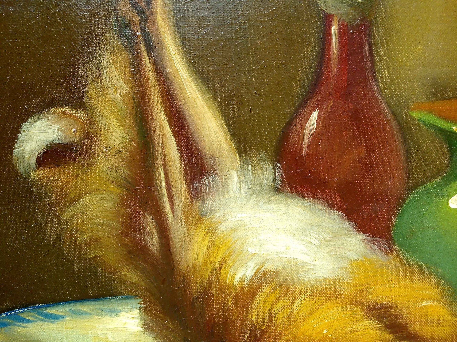 Peinture à l'huile 19ème siècle lapin avec toile signée PIRRELLI et cadre doré élégant