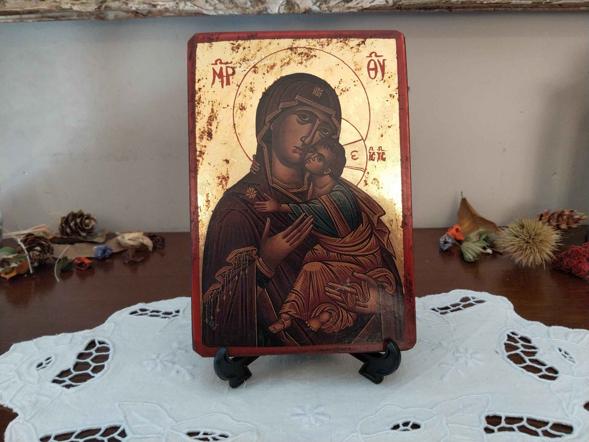 Icône byzantine dorée Sainte Vierge Marie avec l'Enfant Jésus, artisanale et unique en feuille d'or