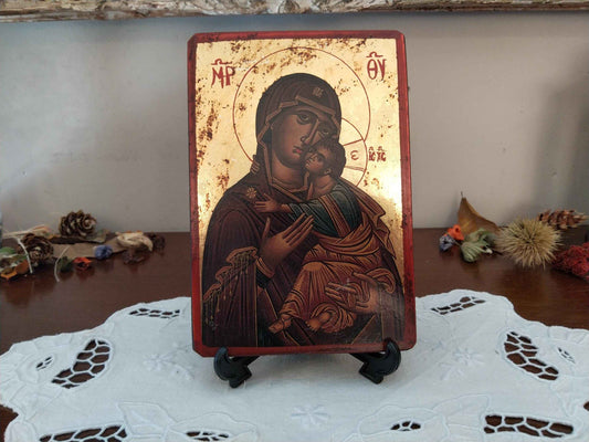 Icône byzantine dorée Sainte Vierge Marie avec l'Enfant Jésus, artisanale et unique en feuille d'or
