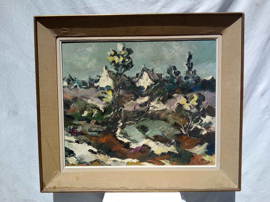 Peinture à l'huile G. GOAS paysage neige, tableau d'artiste français des années 1950