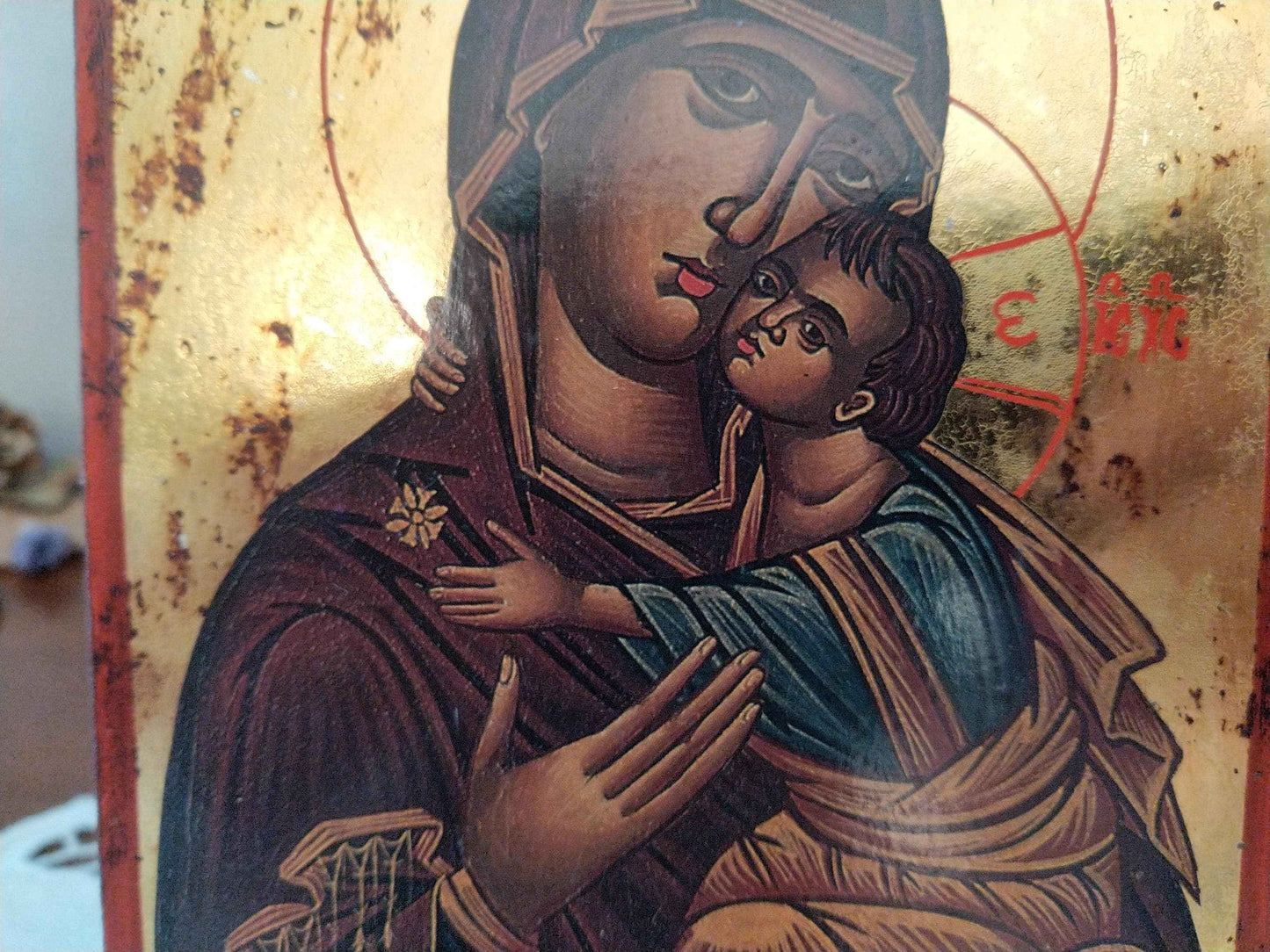 Icône byzantine dorée Sainte Vierge Marie avec l'Enfant Jésus, artisanale et unique en feuille d'or