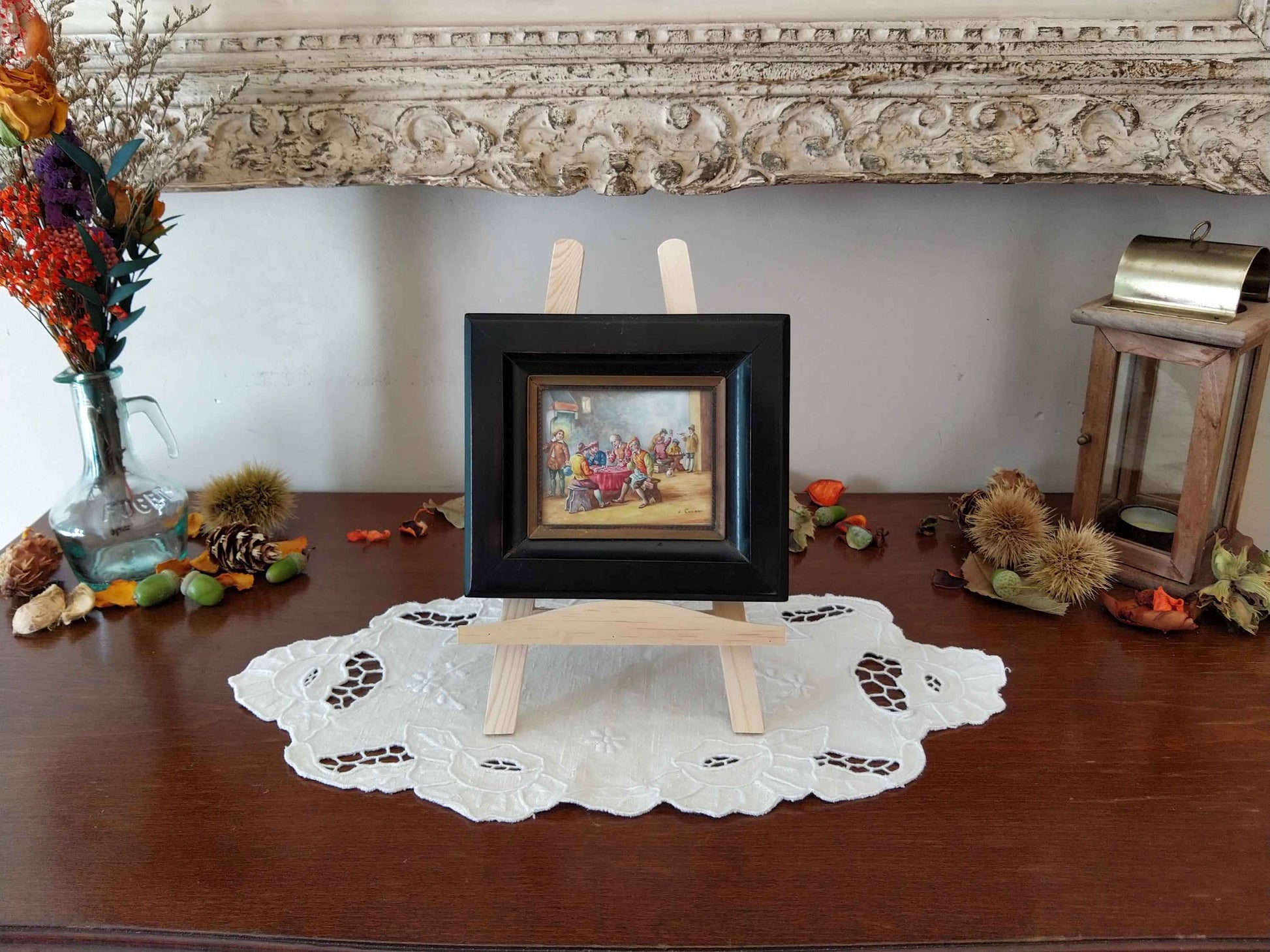 Peinture à l'huile miniature 17ème siècle signée Les joueurs de cartes, qualité exceptionnelle et rare