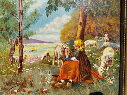 Peinture à l'huile MUDEL 1940, œuvre vintage de bergère et moutons