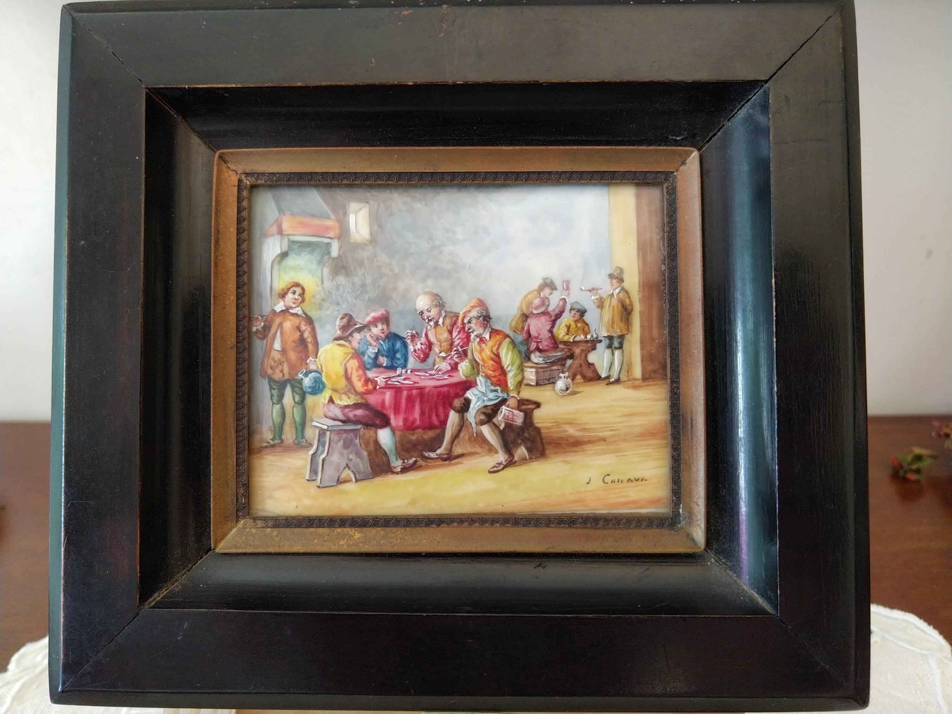 Peinture à l'huile miniature 17ème siècle signée Les joueurs de cartes, qualité exceptionnelle et rare