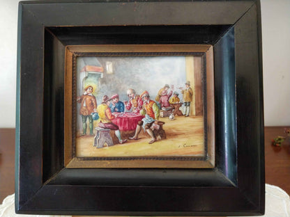 Peinture à l'huile miniature 17ème siècle signée Les joueurs de cartes, qualité exceptionnelle et rare