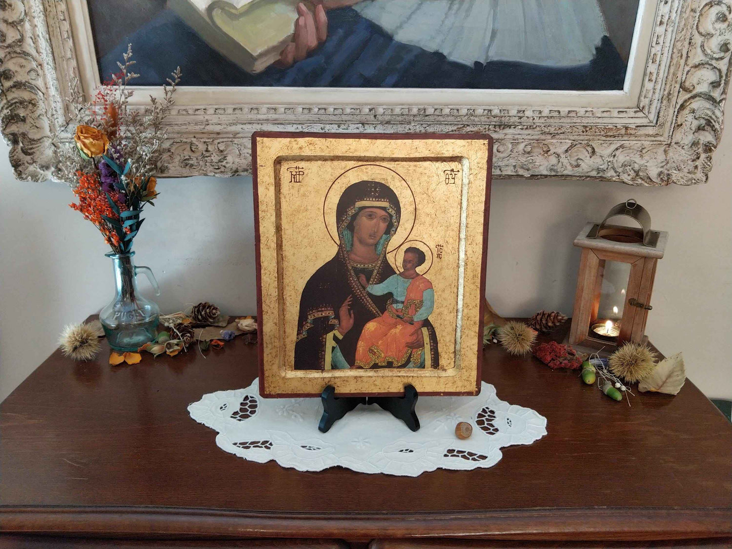 Grande icône byzantine en feuille d'or de la Sainte Vierge Marie avec l'Enfant Jésus - icône byzantine Sainte Vierge Marie fait à la main