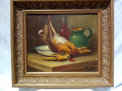 Peinture à l'huile 19ème siècle lapin avec toile signée PIRRELLI et cadre doré élégant