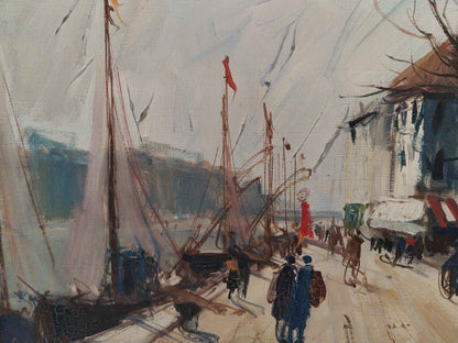 Peinture à l'huile signée AGDE La Balade au Port, unique, 1954