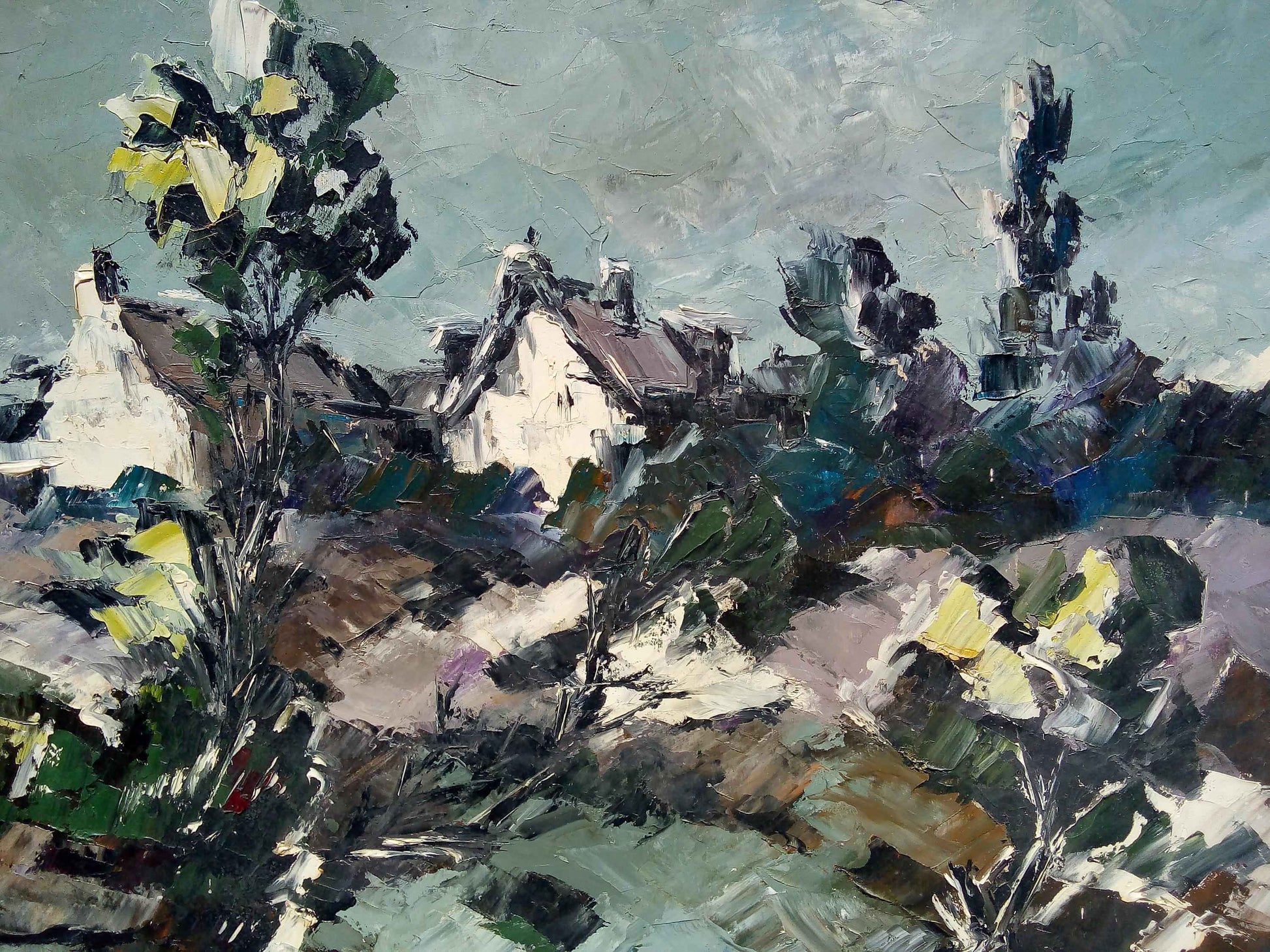 Peinture à l'huile G. GOAS paysage neige, tableau d'artiste français des années 1950