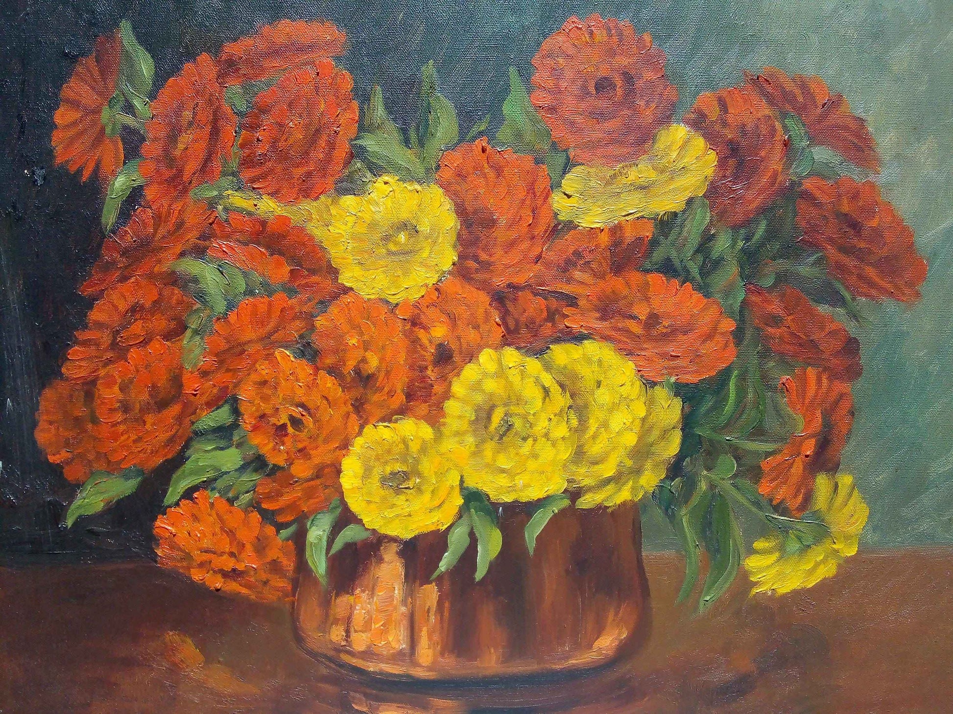 Peinture à l'huile fleurs Paul EHRETSMANN, bouquet vibrant années 1950 sur toile signée