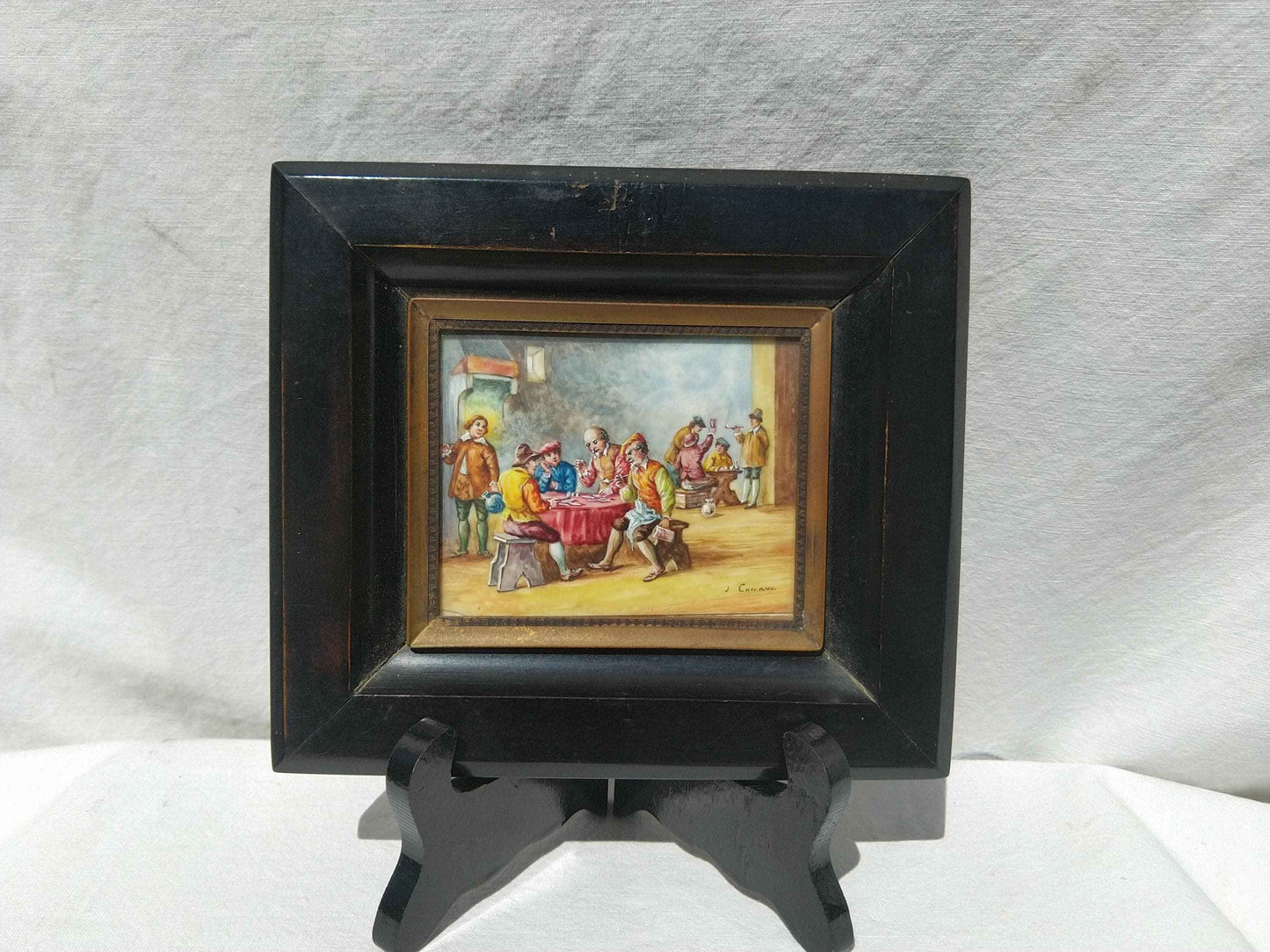 Peinture à l'huile miniature 17ème siècle signée Les joueurs de cartes, qualité exceptionnelle et rare