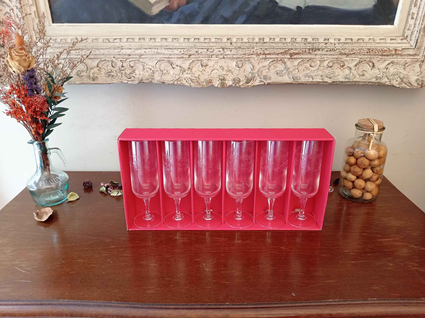 Flûtes à champagne gravées cristal d'Arques Matignon années 70 - Ensemble de 6 pièces