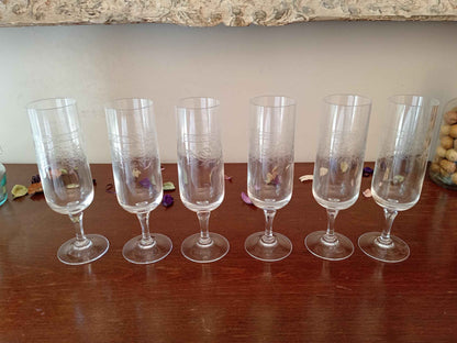 Flûtes à champagne gravées cristal d'Arques Matignon années 70 - Ensemble de 6 pièces