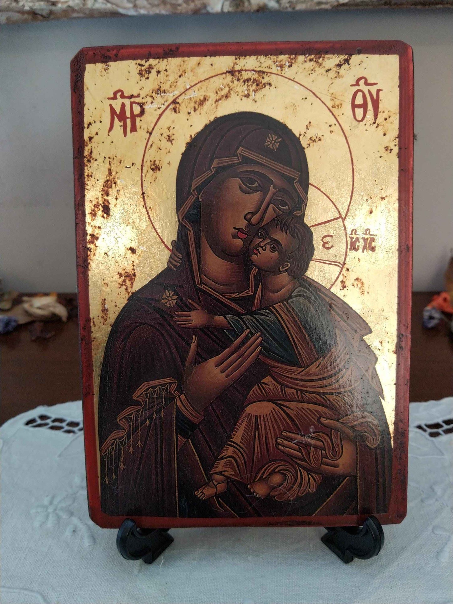 Icône byzantine dorée Sainte Vierge Marie avec l'Enfant Jésus, artisanale et unique en feuille d'or