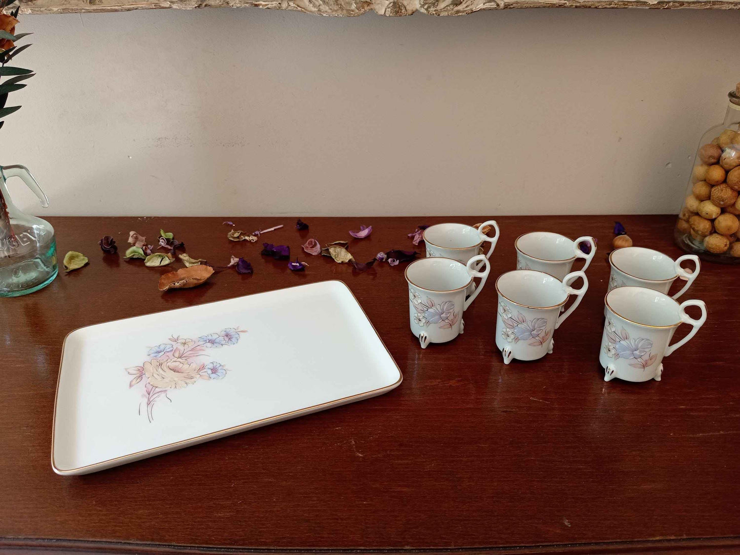 6 tasses en porcelaine de Limoges avec plateau, filet peint à la main - Ensemble élégant pour café ou thé
