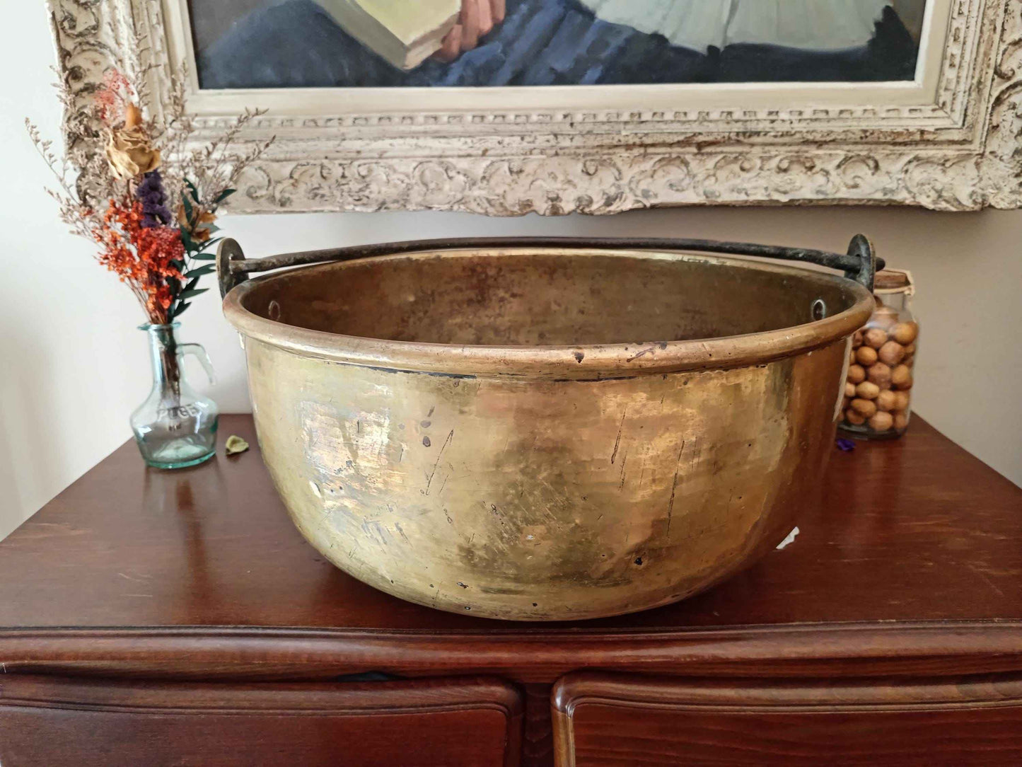 Chaudron en cuivre jaune grande taille 3.6 kg avec poignée en fer forgé - Artisanat de qualité