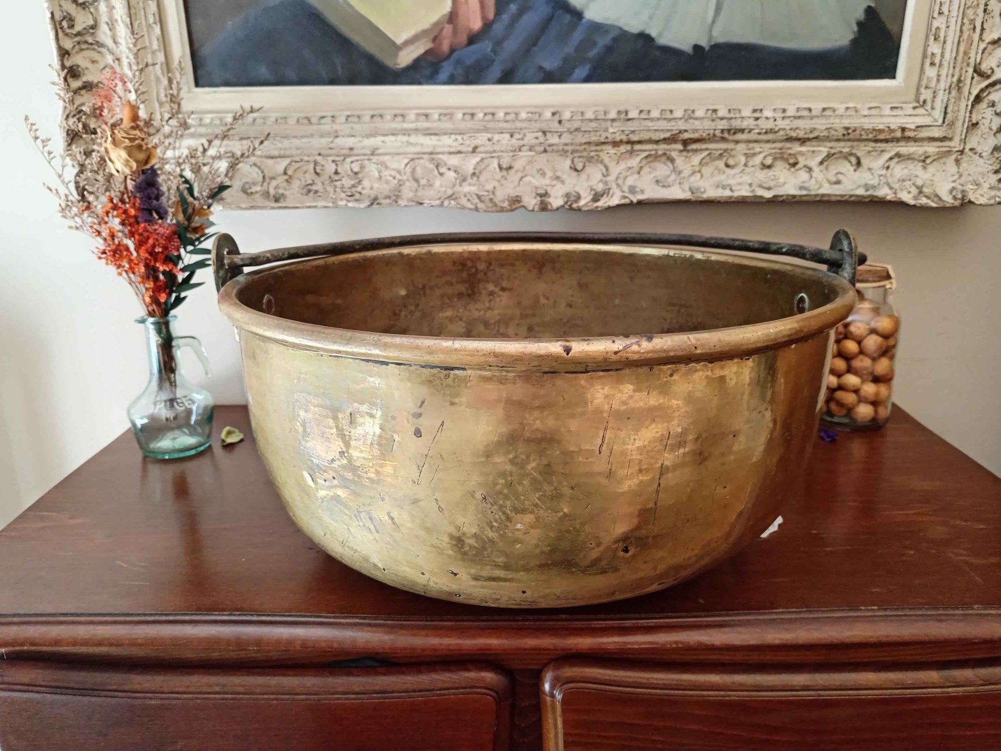 Chaudron en cuivre jaune grande taille 3.6 kg avec poignée en fer forgé - Artisanat de qualité