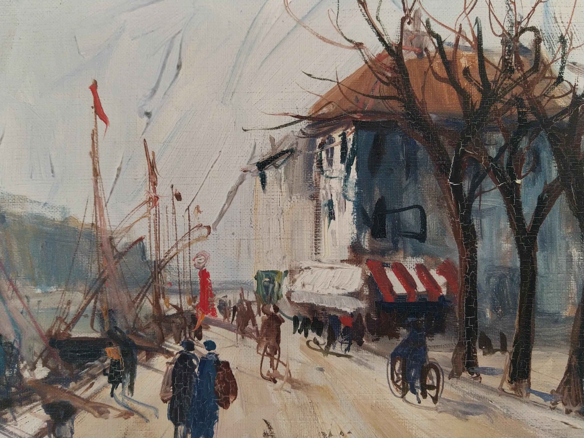 Peinture à l'huile signée AGDE La Balade au Port, unique, 1954