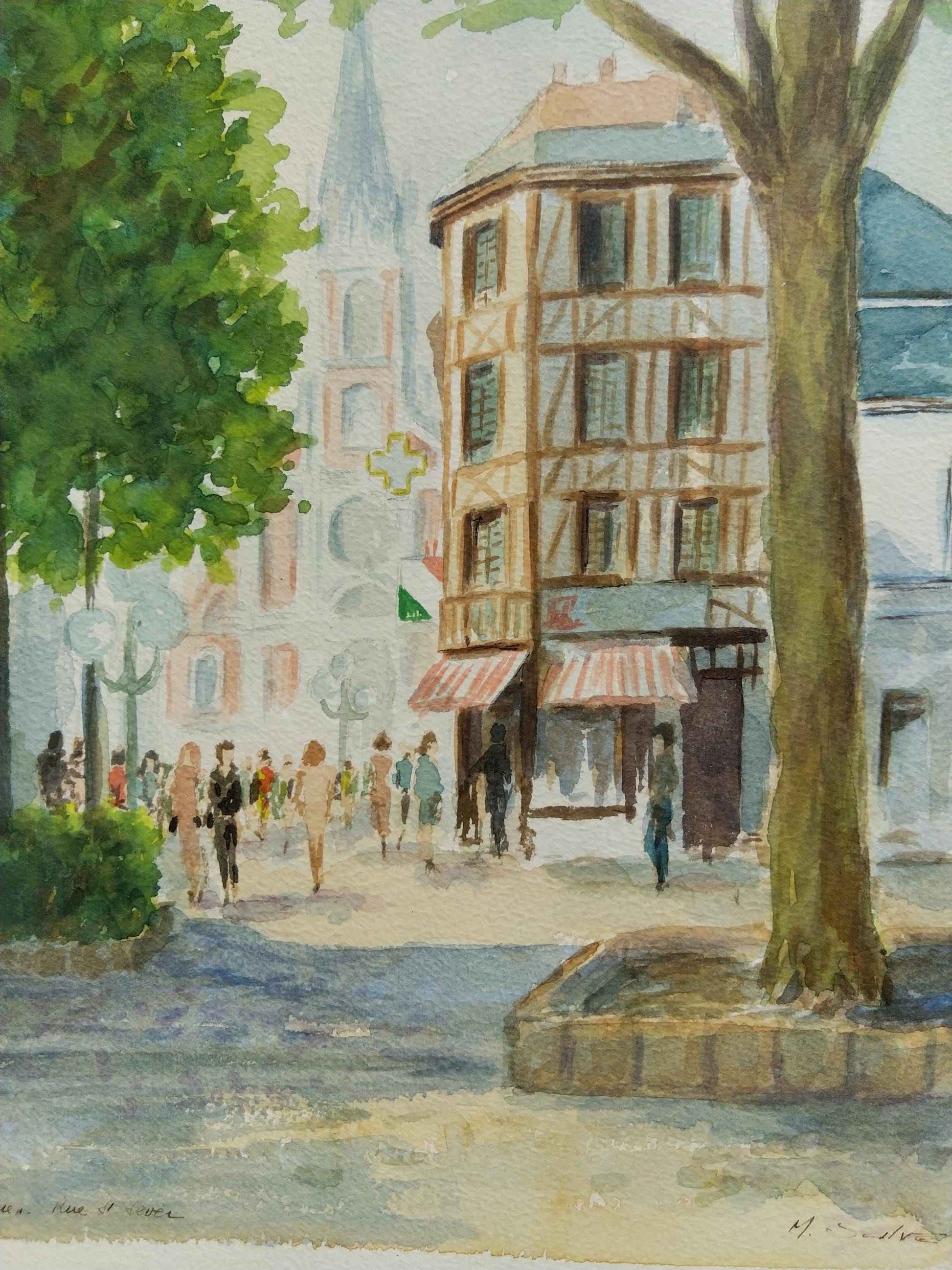 Aquarelle Place St Sever Rouen - Art unique de Normandie