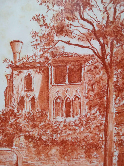 Vue de Venise dessin ancien signée - Sanguine du 20ème siècle en parfait état