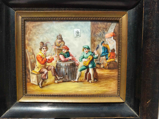 Peinture miniature 17ème siècle signée Les fumeurs de pipe, qualité exceptionnelle !