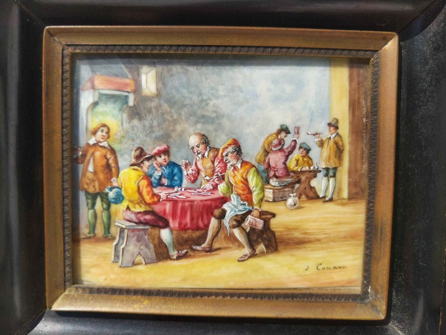 Peinture à l'huile miniature 17ème siècle signée Les joueurs de cartes, qualité exceptionnelle et rare