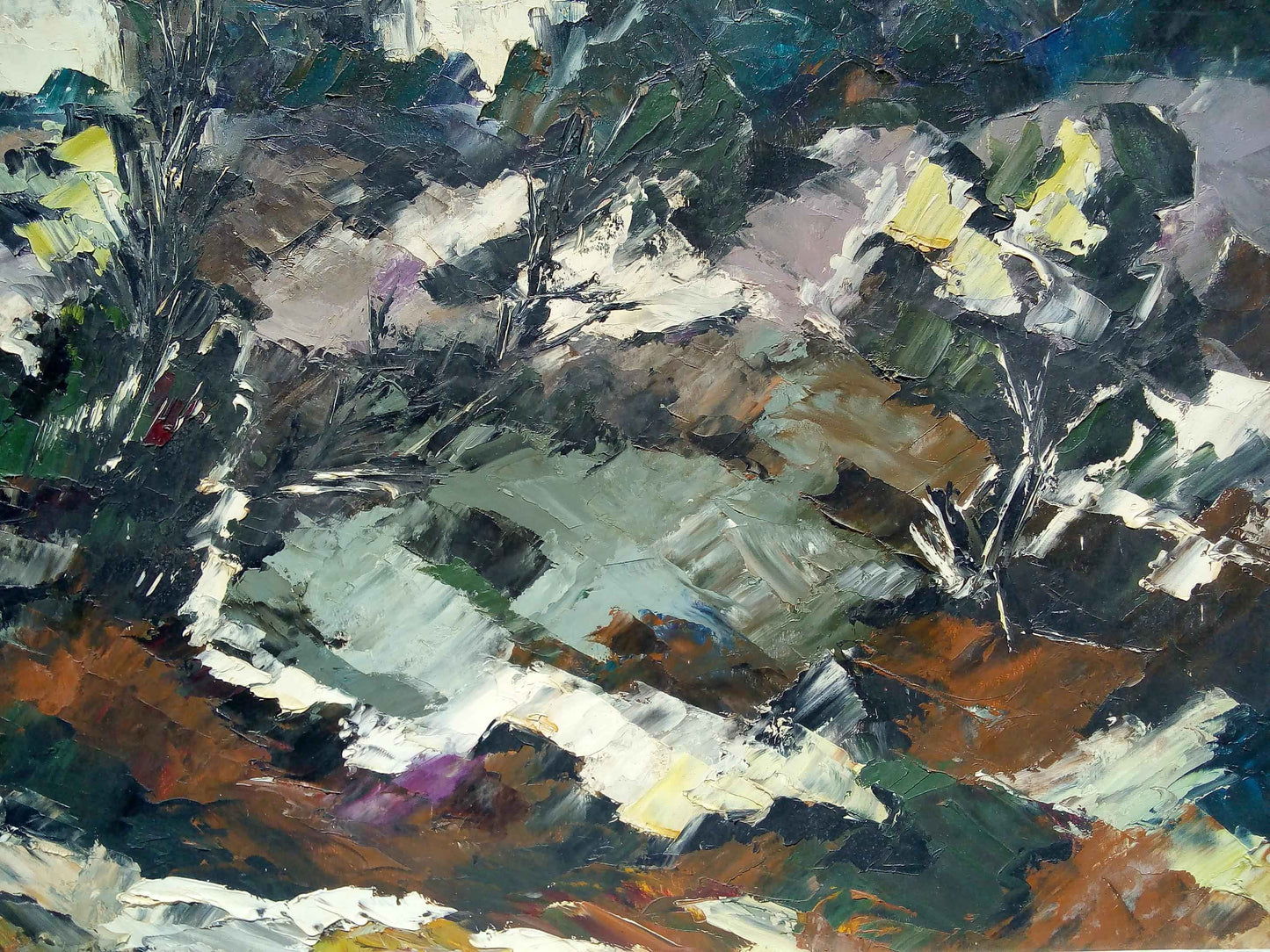 Peinture à l'huile G. GOAS paysage neige, tableau d'artiste français des années 1950