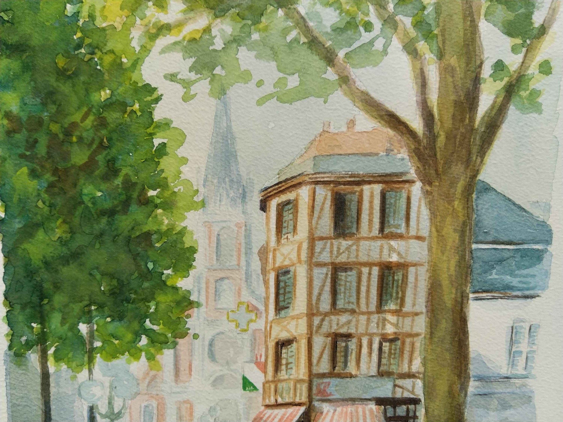 Aquarelle Place St Sever Rouen - Art unique de Normandie