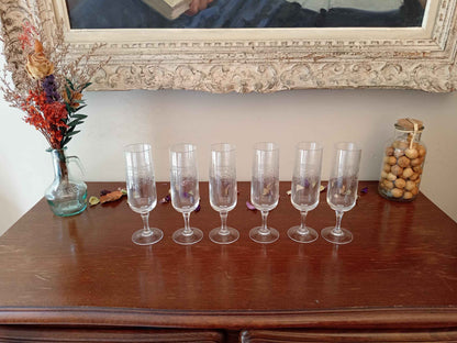 Flûtes à champagne gravées cristal d'Arques Matignon années 70 - Ensemble de 6 pièces