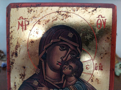 Icône byzantine dorée Sainte Vierge Marie avec l'Enfant Jésus, artisanale et unique en feuille d'or