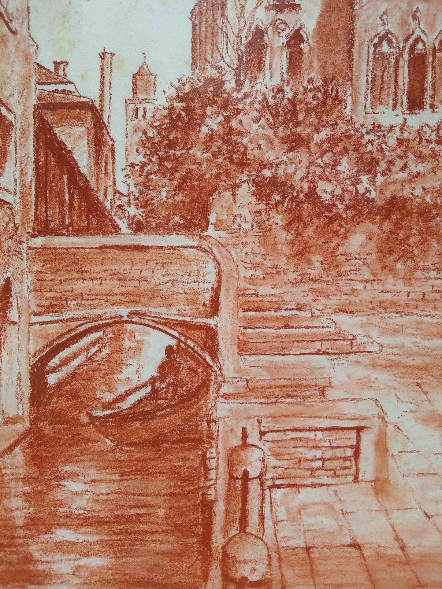 Vue de Venise dessin ancien signée - Sanguine du 20ème siècle en parfait état